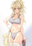  &gt;:) 1girl bare_arms bare_shoulders blonde_hair breasts cleavage cowboy_shot crop_top gradient_background grey_background grey_eyes grey_panties hair_between_eyes hand_on_hip highres large_breasts long_hair looking_at_viewer matsuda_(matsukichi) messy_hair midriff navel panties ponytail solo standing stomach thighs underwear v-shaped_eyebrows 