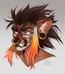  absurd_res anthro artist_name black_markings blonde_hair brown_body brown_fur brown_hair bust_portrait ear_piercing facial_piercing felid female fur gauged_ear gradient_background grey_sclera hair hi_res inner_ear_fluff lip_piercing looking_at_viewer mammal marie_merkh markings messy_hair multicolored_hair nude orange_hair piercing portrait pupils red_inner_ear red_nose short_hair signature simple_background solo tuft white_eyes white_hair white_inner_ear_fluff white_pupils 