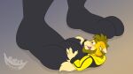  anthro black_paws blush canid canine clothing duo fur generation_4_pokemon hi_res lucario macro male male/male mammal nintendo paws pokemon pokemon_(species) rogerwoof rogerwoof_(character) stomped stomping sweater tongue tongue_out topwear yellow_body yellow_fur 