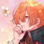  1boy closed_mouth clothing_request facing_to_the_side flower head_rest japanese_clothes kanan_(olympia_soiree) long_sleeves male_focus nanosuke_(nanonano9) olympia_soiree orange_eyes orange_hair pink_background short_hair solo 