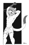  2021 abs anthro bottomwear clothing domestic_ferret ear_piercing eyes_closed fangs fur hair hand_behind_head hi_res inner_ear_fluff joey_nightingale male mammal marcushunter mustelid musteline navel nipples open_mouth piercing raised_tail shirtless shirtless_male shorts signature solo standing tail teeth text tongue true_musteline tuft weasel yawn yawning_position 