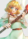  1girl armor belt blonde_hair breastplate brown_belt brown_choker choker commentary_request dress edamameoka fire_emblem fire_emblem:_genealogy_of_the_holy_war gloves green_dress green_eyes grey_background highres holding holding_staff looking_at_viewer nanna_(fire_emblem) pauldrons short_hair shoulder_armor simple_background solo staff upper_body white_gloves wing_hair_ornament 