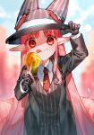  1girl black_gloves blurry blurry_background candy fate/grand_order fate_(series) food formal gloves habetrot_(fate) hat highres kenne_28 licking_lips lollipop long_hair orange_eyes petite pink_hair red_tie shirt solo suit tongue tongue_out upper_body white_shirt 