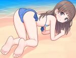  1girl :o all_fours ami_(ammy33) atelier_(series) atelier_totori bangs bare_arms bare_legs barefoot beach bikini blue_bikini blue_bow bow bow_bikini brown_hair cameltoe clenched_hands day expressionless feet flat_chest frilled_bikini frills from_behind from_side full_body grey_eyes highres light_blush long_hair looking_at_viewer looking_back ocean open_mouth outdoors plaid plaid_bikini sand shadow soles solo straight_hair string_bikini swimsuit toes totooria_helmold 