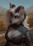  anthro artist_name canid canine cheek_tuft clothed clothing dark_horn dark_nose ear_piercing ear_ring eyeshadow facial_tuft female fur glistening glistening_eyes grey_body grey_eyeshadow grey_fur grey_horn grey_nose hair hi_res horn looking_at_viewer makeup mammal marie_merkh mouth_closed orange_eyes outside piercing plant ring_piercing shrub solo tuft white_body white_fur white_hair 