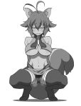  animal_ear_fluff animal_ears antenna_hair blazblue boots breasts full_body greyscale henyaan_(oreizm) highleg highleg_panties highres large_breasts looking_at_viewer makoto_nanaya monochrome naughty_face navel panties revealing_clothes spread_legs squatting squinting squirrel_ears squirrel_girl squirrel_tail tail thigh_boots underboob underwear upskirt 