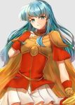  1girl armor blue_eyes blue_hair breastplate commentary_request cowboy_shot edamameoka eirika_(fire_emblem) fire_emblem fire_emblem:_the_sacred_stones grey_background grin highres long_hair looking_at_viewer miniskirt pauldrons pleated_skirt red_shirt shirt short_sleeves shoulder_armor simple_background skirt smile solo standing very_long_hair white_skirt 