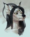  1_horn 3_eyes anthro black_hair black_nose black_sclera bust_portrait canid chest_tuft female fur grey_horn hair hi_res horn looking_at_viewer mammal marie_merkh mouth_closed multi_eye portrait signature simple_background solo tuft white_body white_fur yellow_eyes 