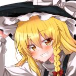  1girl bangs black_headwear black_vest blonde_hair blush bow braid colored_eyelashes commentary_request eyes_visible_through_hair frilled_hat frills grin hair_between_eyes hair_bow hand_on_headwear happy hat hat_bow highres kirisame_marisa long_hair long_sleeves looking_at_viewer mukkushi portrait red_bow shirt side_braid simple_background single_braid smile solo sparkle split_mouth touhou turtleneck vest white_background white_bow white_shirt witch_hat yellow_eyes 