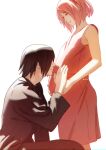  1boy 1girl absurdres black_hair boruto:_naruto_next_generations commentary dress hair_over_eyes hairband highres husband_and_wife kinomoto_sakura naruto_(series) niku_(ni23ku) pink_dress pink_hair pregnant red_hairband twitter_username uchiha_sasuke 