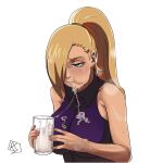  1girl aldwelter bare_arms blonde_hair blue_eyes blush boruto:_naruto_next_generations breasts commission crying crying_with_eyes_open cum cum_in_container cum_in_cup cum_in_mouth cum_on_body cum_on_breasts cum_on_clothes cum_on_hands cup facial gokkun hair_over_one_eye highres holding holding_cup large_breasts long_hair naruto naruto_(series) ponytail sleeveless solo tears upper_body yamanaka_ino 