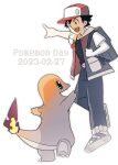  1boy :d backpack bag bangs black_hair black_shirt charmander commentary copyright_name dated flame-tipped_tail happy hat holding_strap jacket male_focus morio_(poke_orio) open_mouth pants pointing pokemon pokemon_(creature) pokemon_(game) pokemon_rgby red_(pokemon) red_headwear shirt shoes short_hair short_sleeves smile teeth upper_teeth_only white_background 