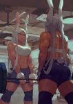  1girl animal_ears ass back bangs barbell bare_shoulders black_shorts boku_no_hero_academia breasts dark-skinned_female dark_skin exercise from_behind gym gym_shorts highres indoors knee_brace large_breasts leonardo_vincent long_eyelashes long_hair looking_at_self median_furrow midriff mirko mirror navel parted_bangs rabbit_ears rabbit_girl rabbit_tail red_eyes reflection shorts solo sports_bra stomach strong sweat tail tail_through_clothes thighs toned v-shaped_eyebrows weightlifting weights white_hair white_sports_bra wrist_weights 