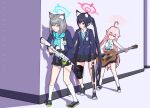  3girls ahoge animal_ear_fluff animal_ears assault_rifle bangs beretta_ar70 black_gloves black_hair blazer blue_archive blue_eyes blue_scarf bow cat_ears cat_girl collared_shirt commentary english_commentary fingerless_gloves gloves grey_hair guitar gun hair_between_eyes hair_bow halo heterochromia highres holding holding_gun holding_instrument holding_weapon hoshino_(blue_archive) id_card instrument jacket knee_pads kneehighs libyan_guitar_hero_(meme) long_hair long_sleeves looking_away medium_hair meme mismatched_pupils monokuro multiple_girls necktie pink_hair plaid plaid_skirt pleated_skirt red_eyes ribbon rifle scarf school_uniform serika_(blue_archive) shiroko_(blue_archive) shirt shoes shoulder_strap sidelocks sig_sauer_556 single_glove skirt sneakers socks taking_cover trigger_discipline twintails weapon white_socks wolf_ears wolf_girl 