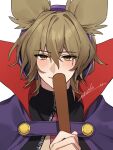  1boy bangs blush brown_eyes brown_hair cape covering_mouth earmuffs enoki_3106 genderswap genderswap_(ftm) grin hair_between_eyes half-closed_eyes hand_up holding holding_stick male_focus pointy_hair portrait ritual_baton short_hair simple_background smile solo stick teeth touhou toyosatomimi_no_miko upper_body white_background 