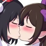  2girls alpha_transparency black_hair bmkro bow brown_hair closed_eyes commentary_request commission hair_bow hat himekaidou_hatate kiss lowres multiple_girls pointy_ears purple_bow shameimaru_aya spanish_commentary tokin_hat touhou transparent_background yuri 