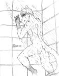  2018 against_surface against_wall anthro bathing butt domestic_ferret eyes_closed fur hair hi_res joey_nightingale male mammal marcushunter mustelid musteline nude open_mouth rear_view shower showering signature solo true_musteline water weasel wet wet_body wet_fur 
