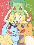  1girl :d anniversary arms_up bangs bare_arms blunt_bangs bulbasaur charmander commentary copyright_name dress eyelashes flame-tipped_tail green_eyes happy highres kinocopro lillie_(pokemon) looking_at_viewer no_pupils on_head open_mouth pokemon pokemon_(creature) pokemon_(game) pokemon_on_head pokemon_sm sleeveless sleeveless_dress smile squirtle starter_pokemon_trio 