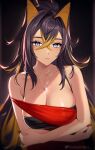  1girl adapted_costume bare_arms bare_shoulders black_background black_hair blonde_hair blue_eyes breasts camisole cleavage commentary_request dark_skin dehya_(genshin_impact) genshin_impact hair_between_eyes hair_intakes helloimtea highres jewelry large_breasts long_hair looking_at_viewer multicolored_hair nail_polish pendant pointy_hair red_nails solo spaghetti_strap streaked_hair upper_body very_long_hair 