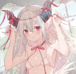  1girl ahoge animal_ears arm_up bare_shoulders bikini bird_ears blush braid closed_mouth crown_braid flat_chest grey_hair highres horn_ornament horn_ribbon horns indoors konataeru long_hair looking_at_viewer neck_ribbon original red_eyes red_ribbon ribbon smile solo swimsuit upper_body very_long_hair white_bikini 