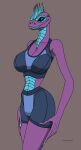  5_fingers absurd_res anthro big_breasts biped blue_body blue_eyes blue_scales bottomwear bra breasts claws clothed clothing female fingers hi_res lips multicolored_body purple_body reptile scales scalie shorts simple_background solo sports_bra sportswear sweetmeat tall underwear 