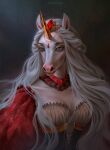  absurd_res anthro black_clothing blue_eyes bust_portrait clothed clothing equid equine eyelashes female front_view fur glistening glistening_eyes glistening_horn hair hi_res horn long_hair mammal marie_merkh mouth_closed orange_horn portrait red_clothing simple_background solo unicorn white_body white_fur white_hair 