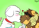  &lt;3 anthro blury blush bovid canid canine canis caprine collar crown domestic_dog duo eyes_closed goat headgear horn kiss_on_lips kissing male male/male mammal romantic romantic_couple simple_background uriel_hesperus 