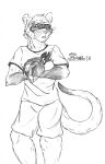  2018 anthro armor bottomwear clothed clothing domestic_ferret ears_up eyewear fangs fur glasses hair headgear helmet hi_res holding_armor holding_headgear holding_helmet holding_model holding_object joey_nightingale male mammal marcushunter mustelid musteline open_mouth raised_tail shirt shorts signature solo tail teeth topwear true_musteline weasel whiskers 