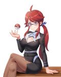  1girl ahoge arm_support bangs blush breasts brown_pantyhose cleavage closed_mouth commentary_request crossed_legs els_(ljhlee12) glasses hand_up jacket knees long_hair lorelei_(pokemon) pantyhose poke_ball poke_ball_(basic) pokemon pokemon_(game) pokemon_lgpe ponytail red_hair side_slit sidelocks sitting skirt smile white_background 