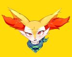  1girl animal_ear_fluff animal_ears animal_nose bandana blue_bandana blush braixen commentary_request fangs fox_ears fox_girl furry furry_female half-closed_eye highres light_blush looking_at_viewer naiagara open_mouth orange_eyes pokemon pokemon_(creature) portrait simple_background solo straight-on teeth uneven_eyes yellow_background yellow_theme 