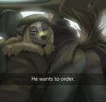  anthro beanie blue_eyes canid canine canis car clothed clothing duo female hair hat he_wants_to_order headgear headwear koul looking_at_viewer male mammal meme seat smug text vehicle wolf 