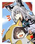  +++ 2girls ^_^ alternate_costume animal_costume animal_ear_fluff animal_ears azur_lane bangs black_hair closed_eyes commentary_request crossover detached_sleeves fox_costume fox_ears fox_girl grey_hair hair_between_eyes height_difference japanese_clothes kaga_(kancolle) kantai_collection kawakaze_(azur_lane) long_hair long_sleeves looking_at_another looking_away multiple_girls ribbon-trimmed_sleeves ribbon_trim school_uniform serafuku sidelocks signature simple_background taisa_(kari) twitter_username wide_sleeves 