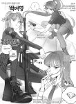  1girl baek_ae-young bangs blunt_bangs bodysuit boots breasts character_name cheerful030 closed_mouth collared_shirt commentary_request eoduun_badaui_deungbul-i_doeeo gem greyscale gun hair_down handgun highres holding holding_gun holding_weapon korean_commentary long_hair long_sleeves monochrome mouth_hold multiple_boys multiple_views ponytail rifle screwdriver shirt simple_background south_korean_flag thought_bubble translation_request weapon wetsuit white_background 