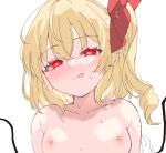  1girl :q blonde_hair blush breasts flandre_scarlet half-closed_eyes head_tilt heart heart-shaped_pupils highres nipples nude paragasu_(parags112) red_eyes simple_background small_breasts solo sweat symbol-shaped_pupils tongue tongue_out touhou upper_body white_background wings 