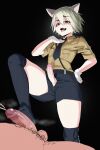  2boys animal_ears black_necktie black_shorts black_thighhighs blonde_hair brown_eyes cat_boy cat_ears cum dark-skinned_male dark_skin ejaculation erection eyes_in_shadow footjob foreskin gloves hellsing highres looking_at_viewer male_focus male_masturbation male_pubic_hair masturbation medium_hair multiple_boys necktie otoko_no_ko pea_(vaultboy503) penis projectile_cum pubic_hair schrodinger short_sleeves shorts standing standing_on_one_leg testicles thighhighs white_gloves yaoi 