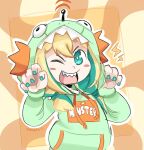  1girl :d amano_pikamee blonde_hair blush_stickers claw_pose colored_inner_hair commentary dinosaur_hood drawstring english_commentary green_eyes green_hair green_nails highres hood hood_up kobeepb long_sleeves looking_at_viewer multicolored_hair one_eye_closed open_mouth orange_background sharp_teeth short_hair sketch smile solo standing straight-on teeth two-tone_hair upper_body virtual_youtuber voms yellow_background 