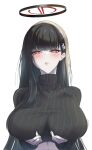  1girl bangs black_hair black_sweater blue_archive blunt_bangs blush breast_hold breasts bright_pupils halo highres large_breasts long_hair looking_at_viewer panvyru red_eyes ribbed_sweater rio_(blue_archive) shirt_rolled_up simple_background solo spreading straight_hair sweater upper_body very_long_hair white_background 