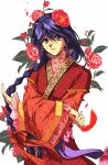  1boy absurdres blue_eyes braid chinese_clothes cowboy_shot earrings feathers flower flower_request fushigi_yuugi hair_flower hair_ornament highres jewelry long_hair long_sleeves looking_at_viewer magicku_0206 mole mole_under_eye nuriko_(fushigi_yuugi) official_style otoko_no_ko purple_hair red_lips single_braid solo 