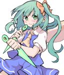  1girl ascot blue_skirt blue_vest blush bow collared_shirt cowboy_shot daiyousei dot_nose eyes_visible_through_hair fairy_wings green_eyes green_hair hair_bow holding holding_weapon kunai looking_at_viewer orange_bow puffy_short_sleeves puffy_sleeves shinmon_akika shirt short_sleeves side_ponytail sidelocks simple_background skirt skirt_set smile solo sweat touhou vest wavy_mouth weapon white_background white_shirt wings yellow_ascot 