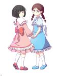  absurdres blue_dress braid chibi_maruko-chan dress facing_another glasses highres holding_hands honami_tamae pink_dress sakura_momoko twin_braids white_background zhong_chai 