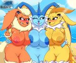  2023 angry anthro beach big_breasts big_butt black_sclera blazkenzxy blue_body blush breast_squish breasts butt digital_drawing_(artwork) digital_media_(artwork) eeveelution embarrassed embrace female flareon fur fusion generation_1_pokemon generation_4_pokemon genitals gesture group hand_on_hip hi_res hug hybrid jolteon looking_at_viewer lopunny middle_finger nintendo nude orange_body outside pokemon pokemon_(species) pokemon_fusion pussy seaside signature squish tan_body tan_fur thick_thighs tongue tongue_out trio vaporeon white_body white_eyes white_fur yellow_body 