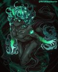  2_horns alternate_species artist_name black_body black_sclera black_skin breasts eyelashes female green_eyes green_hair hair horn humanoid monster_girl_(genre) monsterification not_furry one-punch_man one_(manga) pupils serious serious_face short_hair slit_pupils small_breasts solo tatsumaki text therealsketchyartist thick_thighs url 