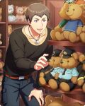  1boy belt black_shirt brown_hair fingernails idolmaster idolmaster_side-m idolmaster_side-m_growing_stars jewelry long_sleeves lower_teeth_only male_focus necklace official_art pants purple_eyes shingen_seiji shirt smile stuffed_animal stuffed_toy teddy_bear teeth 