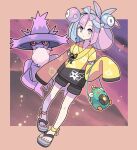  1girl adapted_costume alternate_hairstyle ankle_ribbon bag bangs bellibolt blue_hair character_hair_ornament closed_mouth commentary_request eyelashes green_bag hair_ornament hand_up highres iono_(pokemon) jacket japanese_clothes knees leg_ribbon looking_at_viewer mismagius multicolored_hair nail_polish pink_hair pokemon pokemon_(creature) pokemon_(game) pokemon_sv ribbon sandals shorts sleeves_past_fingers sleeves_past_wrists sutokame toenail_polish toenails two-tone_hair yellow_jacket yellow_nails yellow_ribbon 