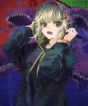  1girl bangs blonde_hair drawstring glitch green_eyes hair_ornament hairclip hands_up highres hood hood_up hoodie leftside119 long_sleeves looking_at_viewer monster multicolored_eyes open_mouth original red_eyes ringed_eyes short_hair solo sweat upper_body 