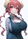  absurd_res animal_humanoid apron big_breasts bottomwear breasts cleavage clothed clothing curled_horn curved_horn denim denim_clothing dragon dragon_humanoid dress_shirt female fully_clothed hair hi_res horn huge_breasts humanoid ilulu jeans miss_kobayashi&#039;s_dragon_maid pants pink_eyes pink_hair shirt solo tight_clothing topwear wide_hips zen_gardener 