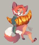  2023 anthro bottomless bread canid canine chibi clothed clothing cordi_(cordi) croissant digital_media_(artwork) female food fox fur green_eyes hair hi_res inner_ear_fluff looking_at_viewer mammal open_mouth orange_body orange_fur pawpads red_hair smile solo sweater tail tongue toony topwear tuft wanderertamplior 