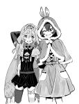  2girls alternate_costume amber_(genshin_impact) arm_behind_head bangs blush capelet collei_(genshin_impact) crossed_bangs dress earrings fur-trimmed_capelet fur_trim genshin_impact greyscale hair_between_eyes highres hood hood_up hooded_capelet jewelry long_hair monochrome multiple_girls one_eye_closed open_mouth pom_pom_(clothes) sabi11riw simple_background single_earring thighhighs 