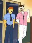  anthro belt bottomwear canid canine canis clothed clothing collared_shirt domestic_dog duo eyewear fully_clothed fuze hi_res male mammal necktie pants sunglasses sunglasses_on_shirt tie_clip wolfgang_(fuze) 
