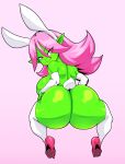  big_breasts big_butt breasts butt clothing dart_(thecon) female footwear goblin green_hair hair hi_res high_heels huge_butt humanoid legwear looking_at_viewer looking_back looking_back_at_viewer not_furry pink_hair smile solo thecon thigh_highs 